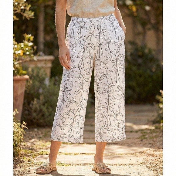 Cynthia Rowley Pants - Cynthia Rowley 100%‎ Linen Wide Leg Crop Pants Leaf Botanical Print White Boho L